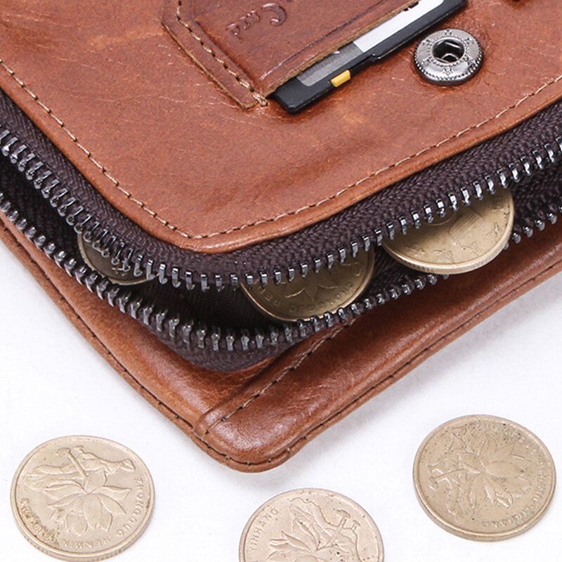 Hombres De Cuero Genuino Con Doble Cremallera Retro Business Multi Ranura Para Tarjetas Cartera De Cuero Para Tarjetas