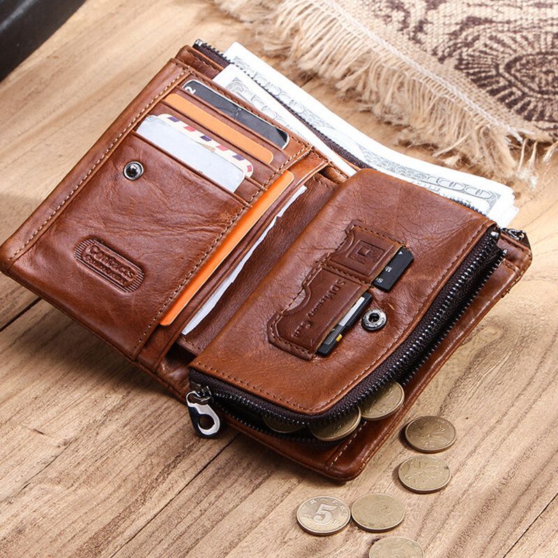 Hombres De Cuero Genuino Con Doble Cremallera Retro Business Multi Ranura Para Tarjetas Cartera De Cuero Para Tarjetas