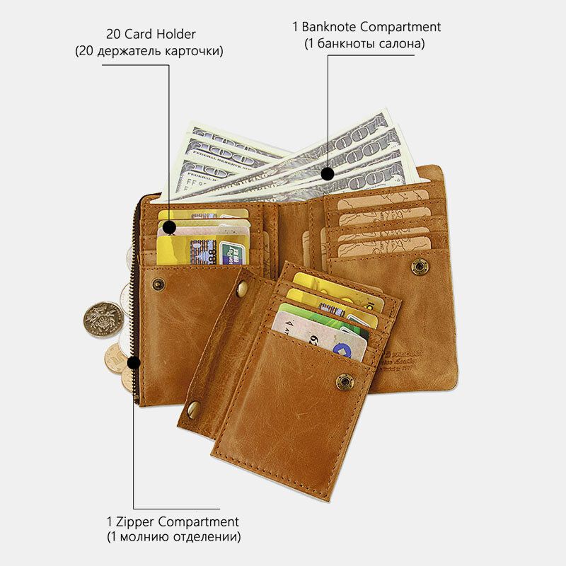 Hombres Cuero Genuino Corto Retro Ranura Para Múltiples Tarjetas Rfid Carteras De Identificación Antirrobo Estuche Para Tarjetas Monedero Multifuncional Con Clip Para Dinero Monedero