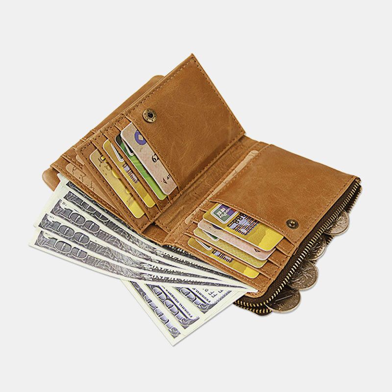 Hombres Cuero Genuino Corto Retro Ranura Para Múltiples Tarjetas Rfid Carteras De Identificación Antirrobo Estuche Para Tarjetas Monedero Multifuncional Con Clip Para Dinero Monedero