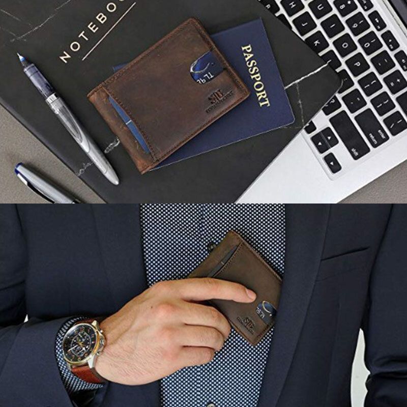 Hombres Cuero Genuino Piel De Vaca Vintage Business Bifoldmoney Clips Tarjetero Rfid Cartera Corta