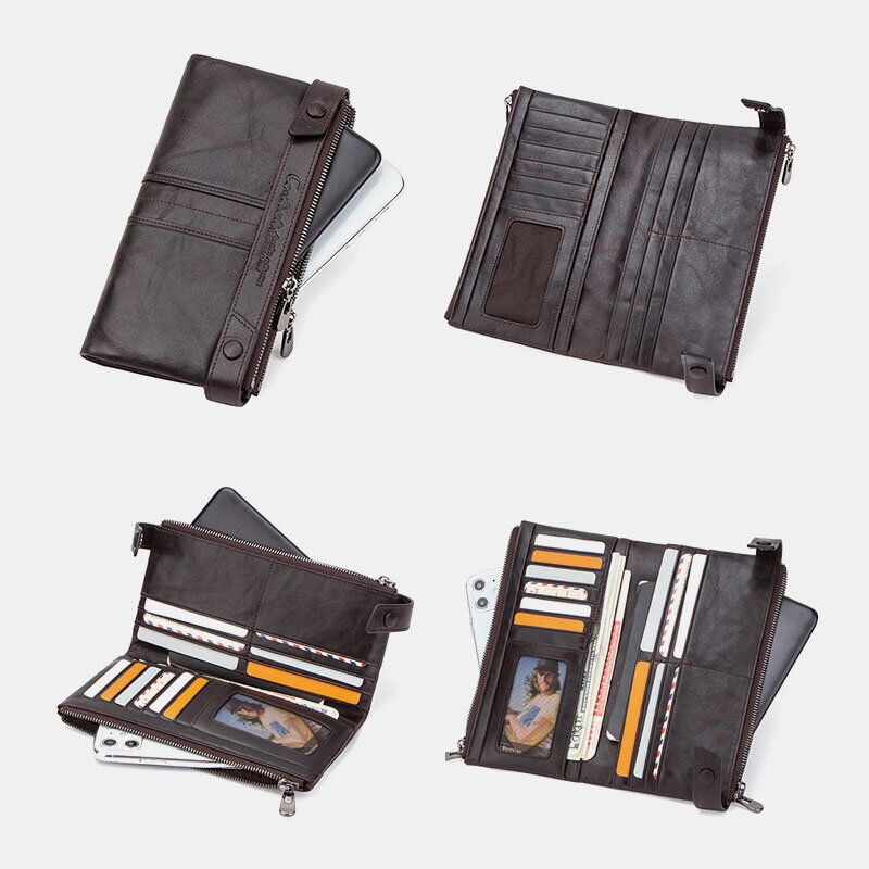 Hombres De Cuero Genuino Rfid Antirrobo Retro Business Multi-slot 6.3 Pulgadas Bolsa De Teléfono Embrague Monedero Tarjetero Cartera