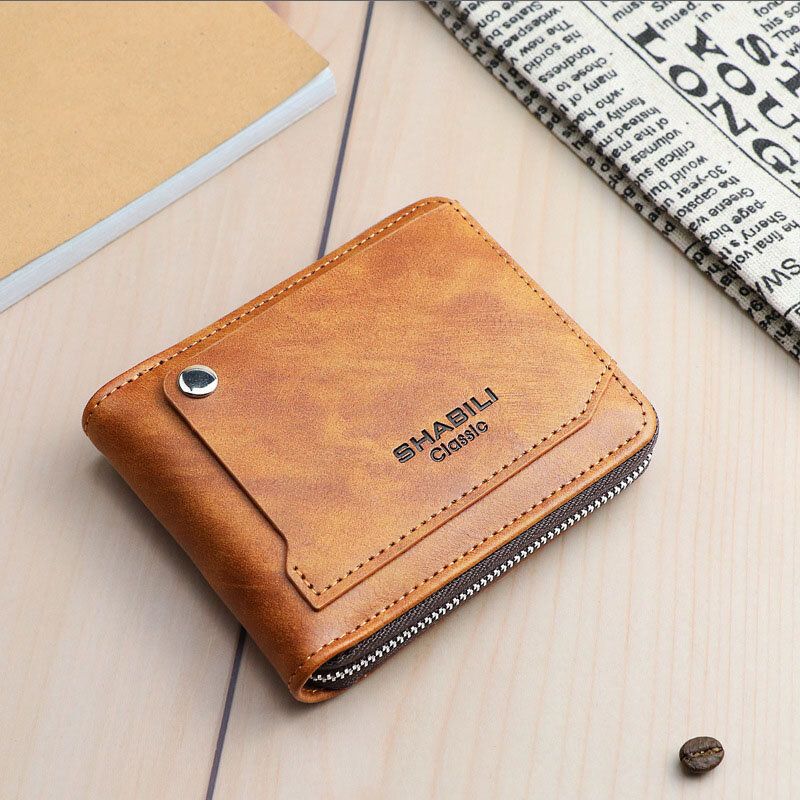 Hombres Faux Leather Retro Classical Draw Ranura Para Tarjeta Bifold Zipepr Card Holder Wallet