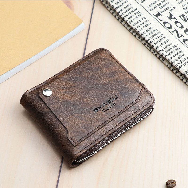 Hombres Faux Leather Retro Classical Draw Ranura Para Tarjeta Bifold Zipepr Card Holder Wallet