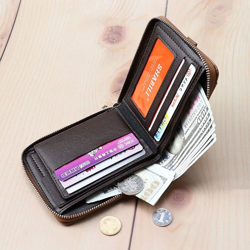 Hombres Faux Leather Retro Classical Draw Ranura Para Tarjeta Bifold Zipepr Card Holder Wallet