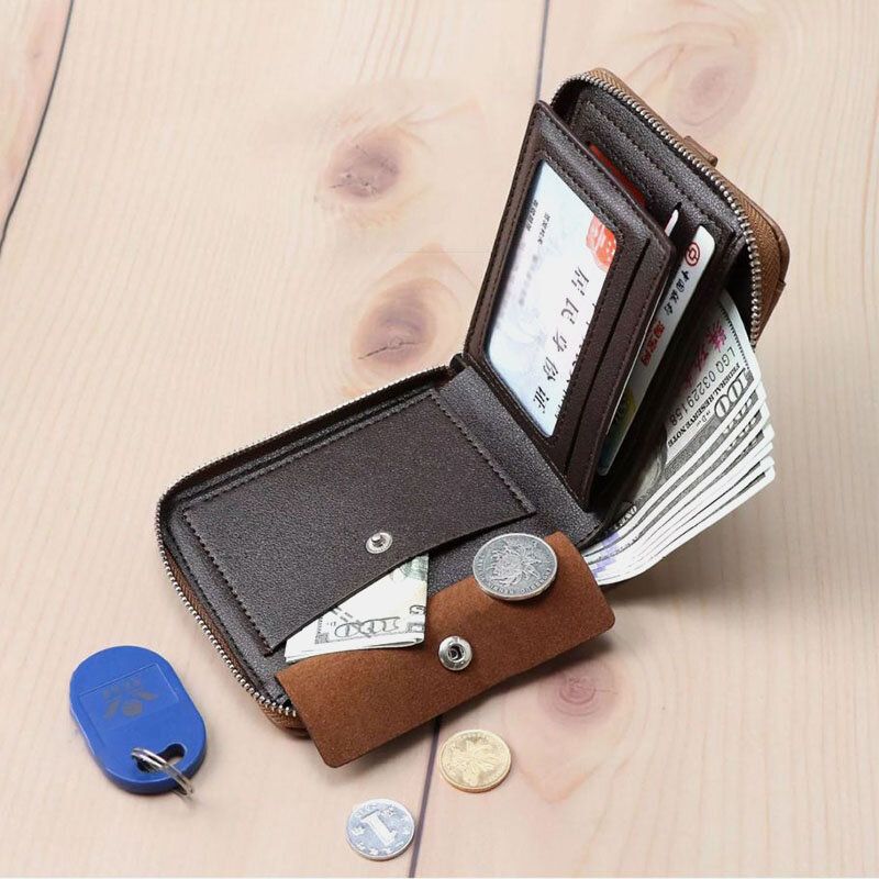 Hombres Faux Leather Retro Classical Draw Ranura Para Tarjeta Bifold Zipepr Card Holder Wallet