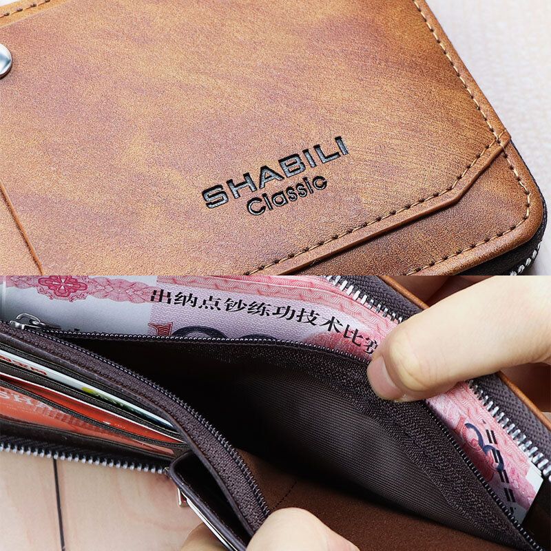 Hombres Faux Leather Retro Classical Draw Ranura Para Tarjeta Bifold Zipepr Card Holder Wallet