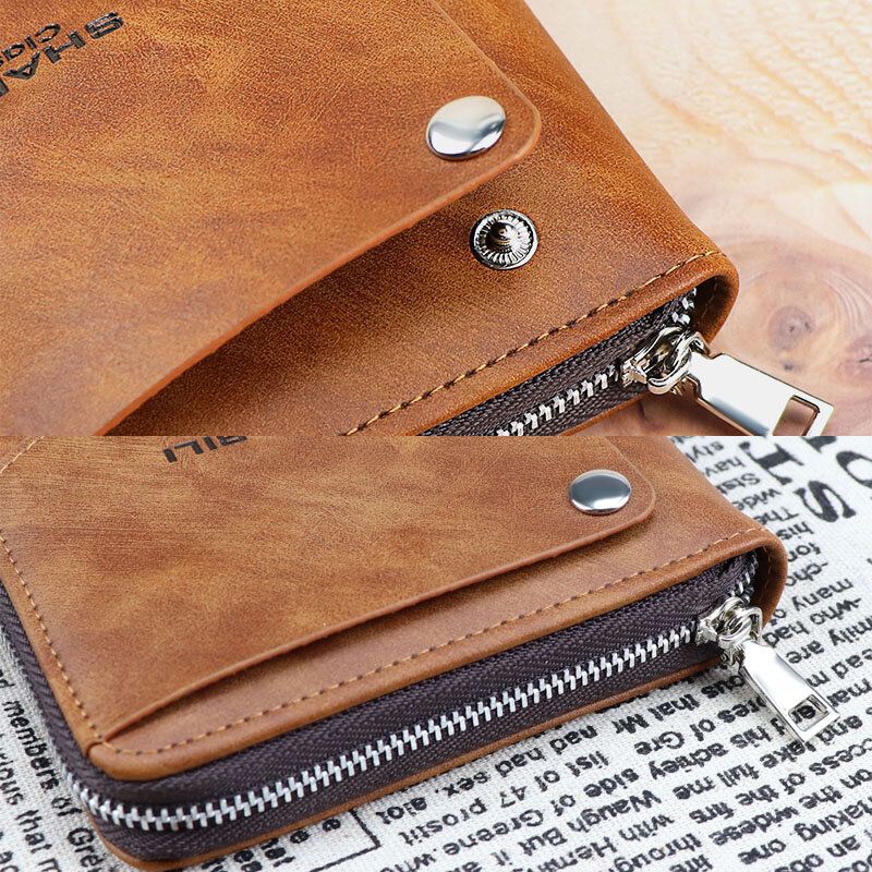 Hombres Faux Leather Retro Classical Draw Ranura Para Tarjeta Bifold Zipepr Card Holder Wallet