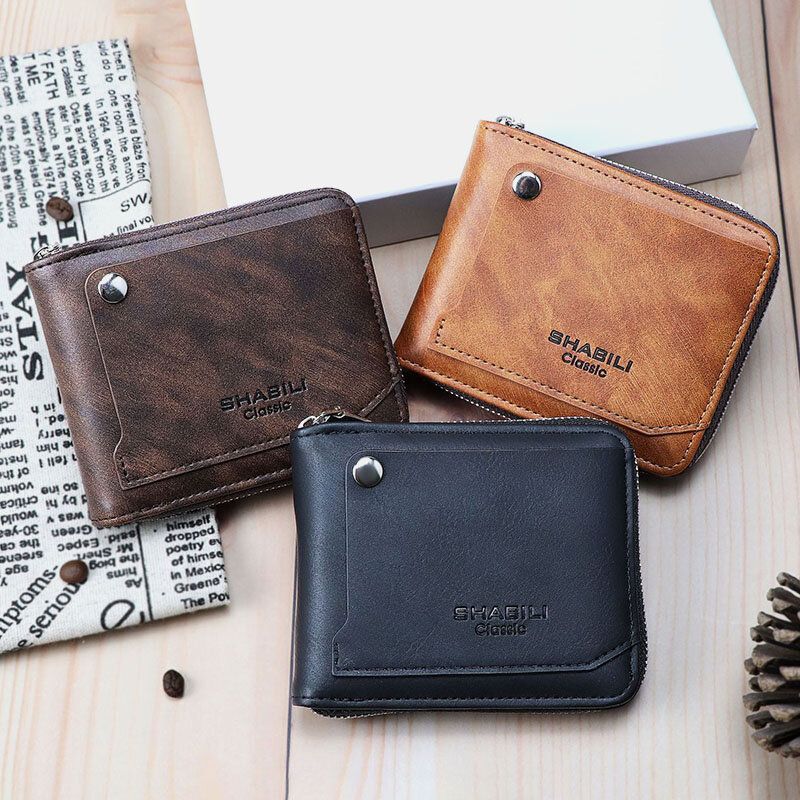 Hombres Faux Leather Retro Classical Draw Ranura Para Tarjeta Bifold Zipepr Card Holder Wallet