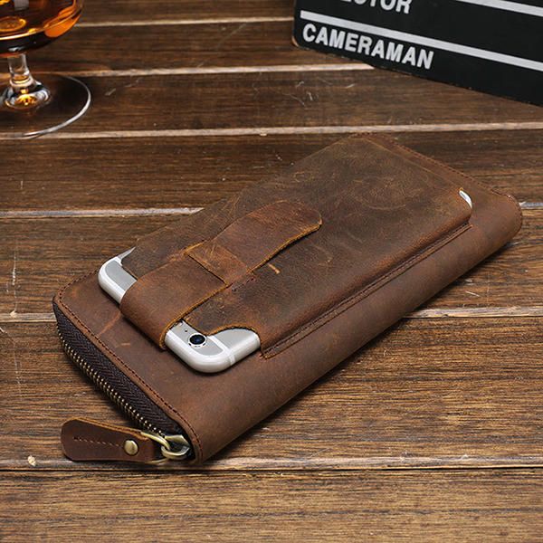 Hombres Multifunción Vintage Cartera De Cuero Genuino Funda Para Teléfono Portatarjetas De Alta Capacidad Monedero