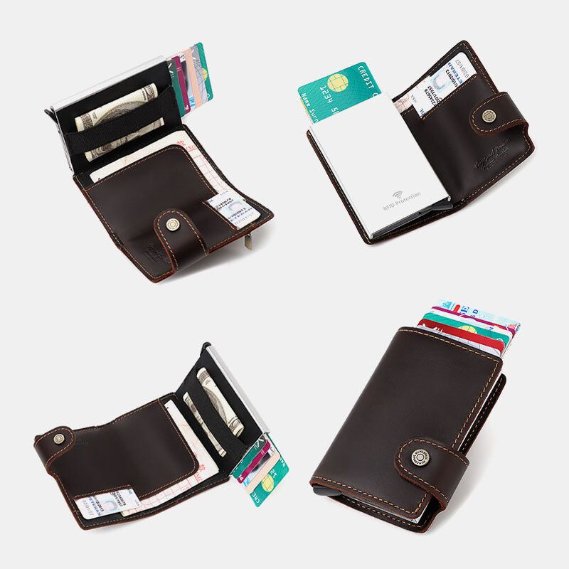 Hombres Ranura Para Múltiples Tarjetas De Cuero Genuino Rfid Antirrobo Vintage Business Casual Tarjetero Clips Para Dinero Monedero Monedero