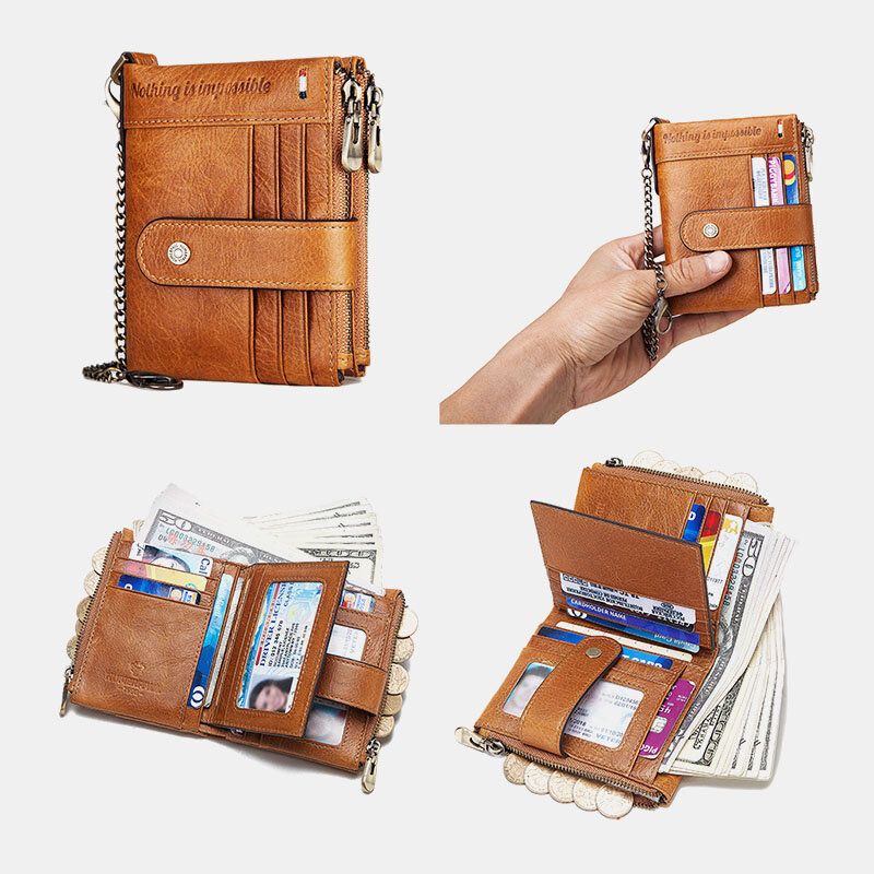 Moerae Hombres De Cuero Genuino Rfid Doble Zipper Antirrobo Ranura Para Tarjetas Múltiples Cartera Para Tarjetas