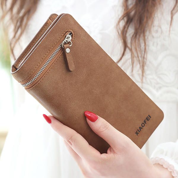 Mujeres Color Caramelo Nubuck Cremallera Monedero Largo Para Teléfono Para Iphone Samsung Huawei 11 Portatarjetas