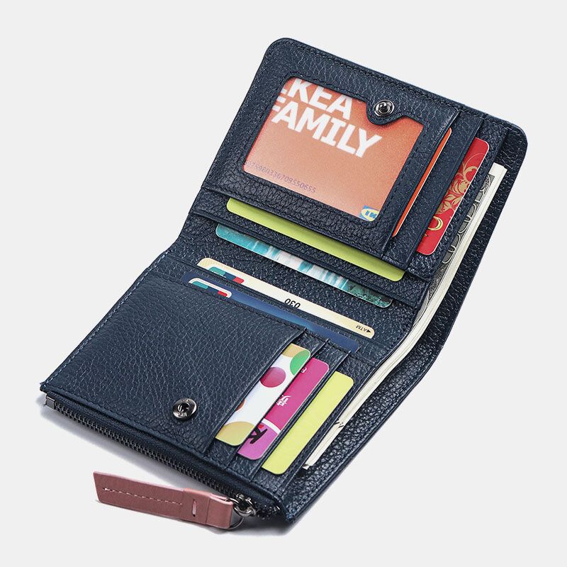 Mujeres De Cuero Genuino Bifold Hasp Zipper Multifunción Monedero Monedero Clip De Dinero Billetera Corta