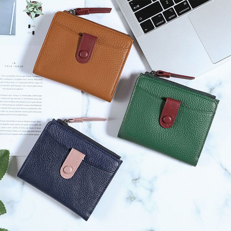 Mujeres De Cuero Genuino Bifold Hasp Zipper Multifunción Monedero Monedero Clip De Dinero Billetera Corta