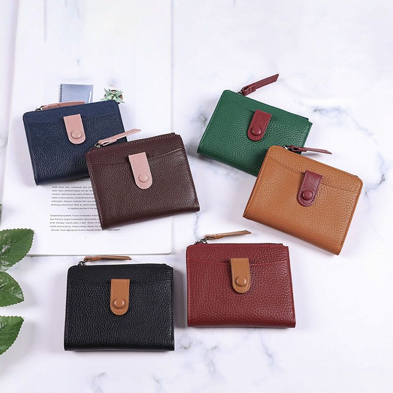 Mujeres De Cuero Genuino Bifold Hasp Zipper Multifunción Monedero Monedero Clip De Dinero Billetera Corta