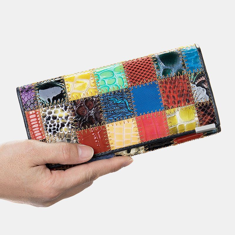 Mujeres De Cuero Genuino De Colores Plegables Patrón Geométrico Ranura Para Múltiples Tarjetas Estuche Para Tarjetas Clip De Dinero Monedero Carteras De Embrague Largas