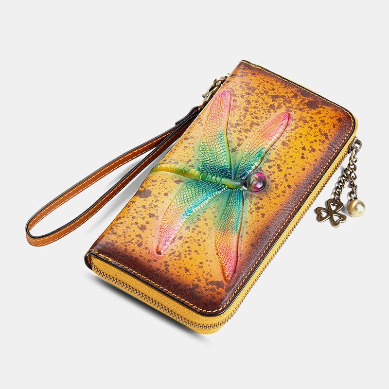 Mujeres De Cuero Genuino Patrón De Animales Vintage Rfid Antirrobo Bolsa De Teléfono Con Múltiples Ranuras Bolso De Embrague Tarjetero Cartera