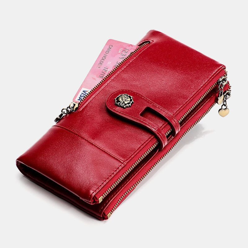 Mujeres De Cuero Genuino Rfid Antimagnético Multi-ranuras 14 Ranuras Para Tarjetas Cremallera Bifold Cartera Larga