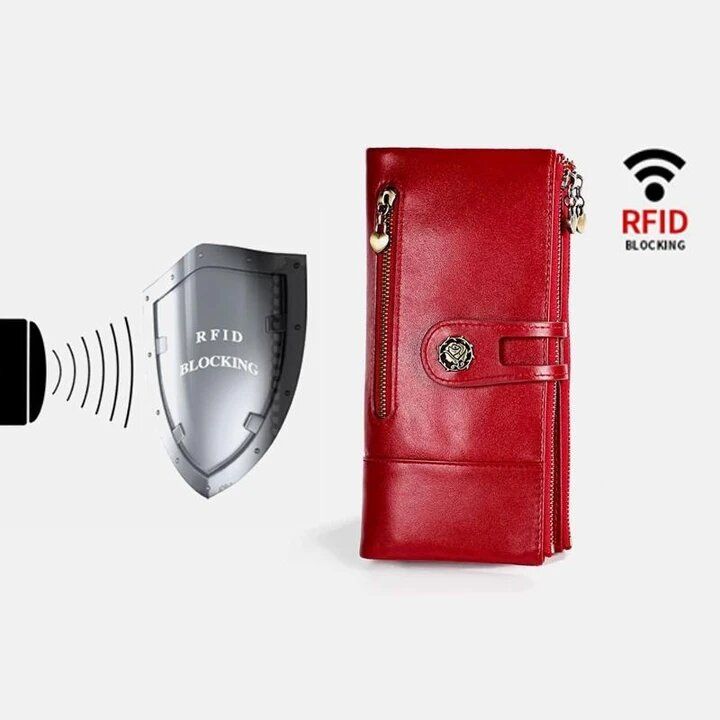 Mujeres De Cuero Genuino Rfid Antimagnético Multi-ranuras 14 Ranuras Para Tarjetas Cremallera Bifold Cartera Larga