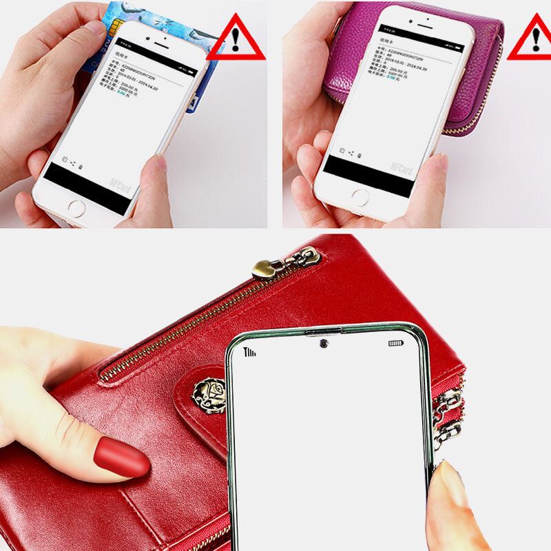 Mujeres De Cuero Genuino Rfid Antimagnético Multi-ranuras 14 Ranuras Para Tarjetas Cremallera Bifold Cartera Larga