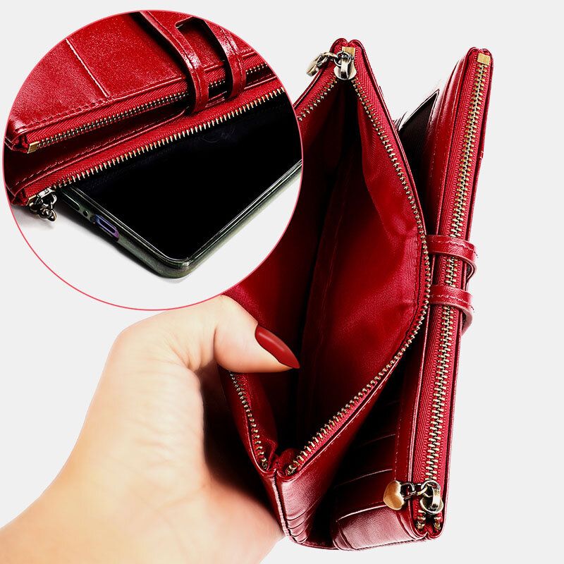 Mujeres De Cuero Genuino Rfid Antimagnético Multi-ranuras 14 Ranuras Para Tarjetas Cremallera Bifold Cartera Larga