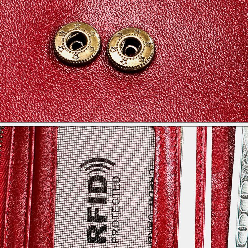 Mujeres De Cuero Genuino Rfid Antimagnético Multi-ranuras 14 Ranuras Para Tarjetas Cremallera Bifold Cartera Larga