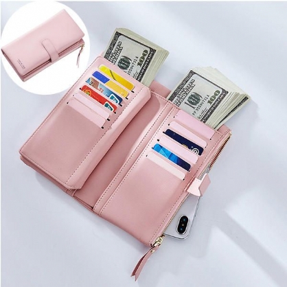 Mujeres Faux Leather Tri-fold 22 Ranura Para Tarjetas Cartera Casual Solid Phone Purse Long Wallet