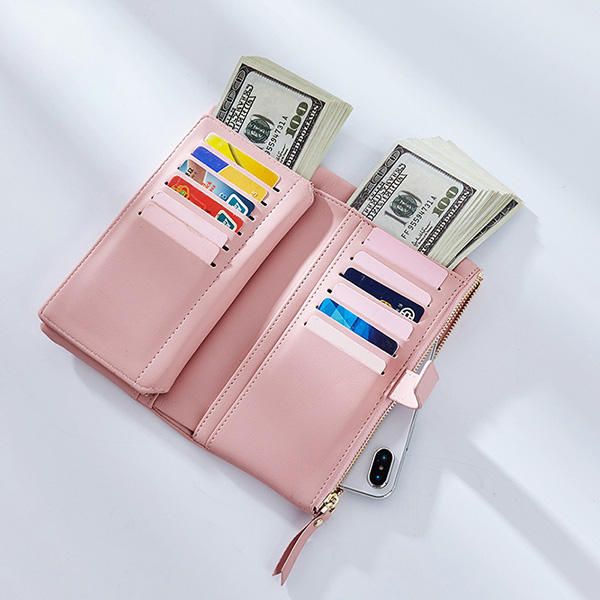 Mujeres Faux Leather Tri-fold 22 Ranura Para Tarjetas Cartera Casual Solid Phone Purse Long Wallet