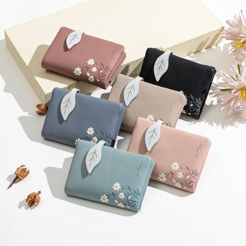 Mujeres Pu Cuero Estampado Floral Casual Mini Easy Carry Money Clip Portatarjetas Cartera