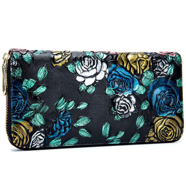 Mujeres En Relieve Rose Floral Cremallera Tarjetero Monedero Monedero Cartera Larga