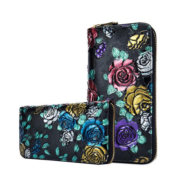 Mujeres En Relieve Rose Floral Cremallera Tarjetero Monedero Monedero Cartera Larga