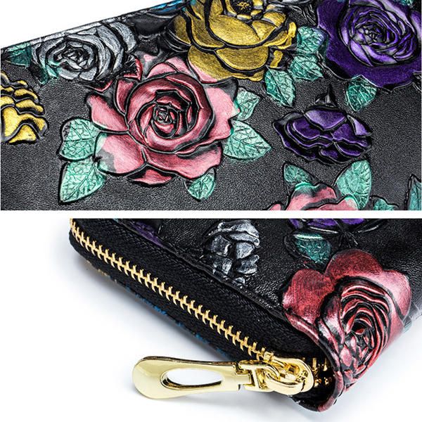 Mujeres En Relieve Rose Floral Cremallera Tarjetero Monedero Monedero Cartera Larga