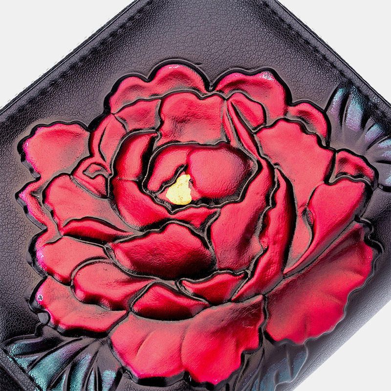 Mujeres Rose Antirrobo Rfid Antimagnético Cuero Genuino 12 Ranuras Para Tarjetas Cremallera Cartera Corta