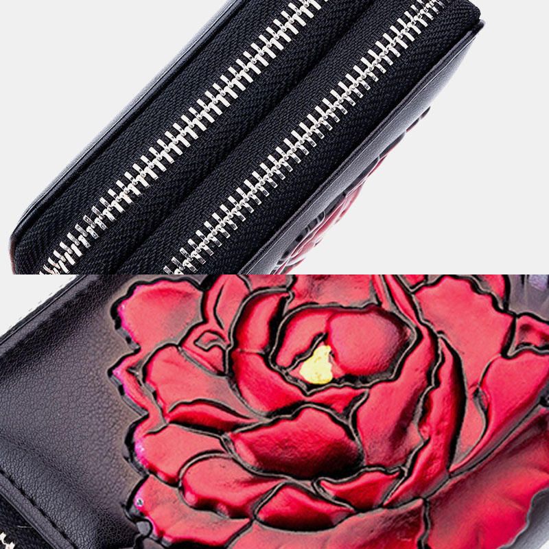 Mujeres Rose Antirrobo Rfid Antimagnético Cuero Genuino 12 Ranuras Para Tarjetas Cremallera Cartera Corta