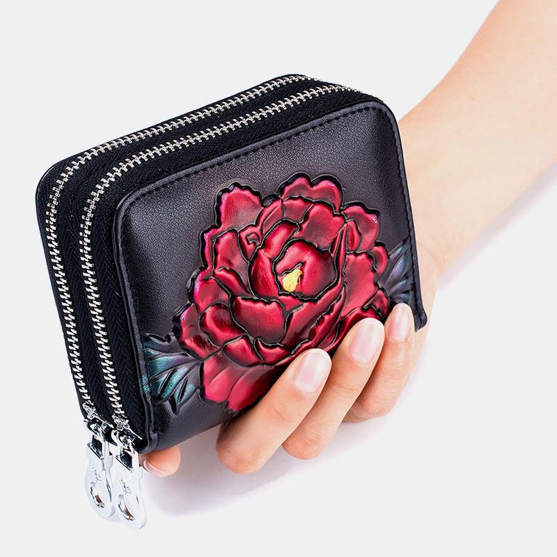 Mujeres Rose Antirrobo Rfid Antimagnético Cuero Genuino 12 Ranuras Para Tarjetas Cremallera Cartera Corta