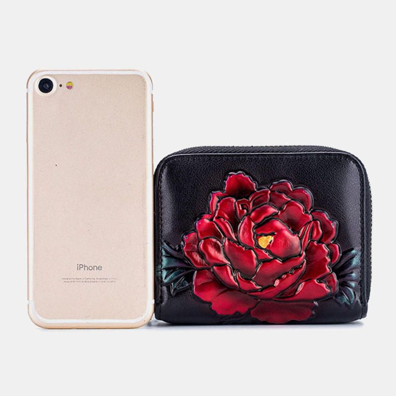 Mujeres Rose Antirrobo Rfid Antimagnético Cuero Genuino 12 Ranuras Para Tarjetas Cremallera Cartera Corta