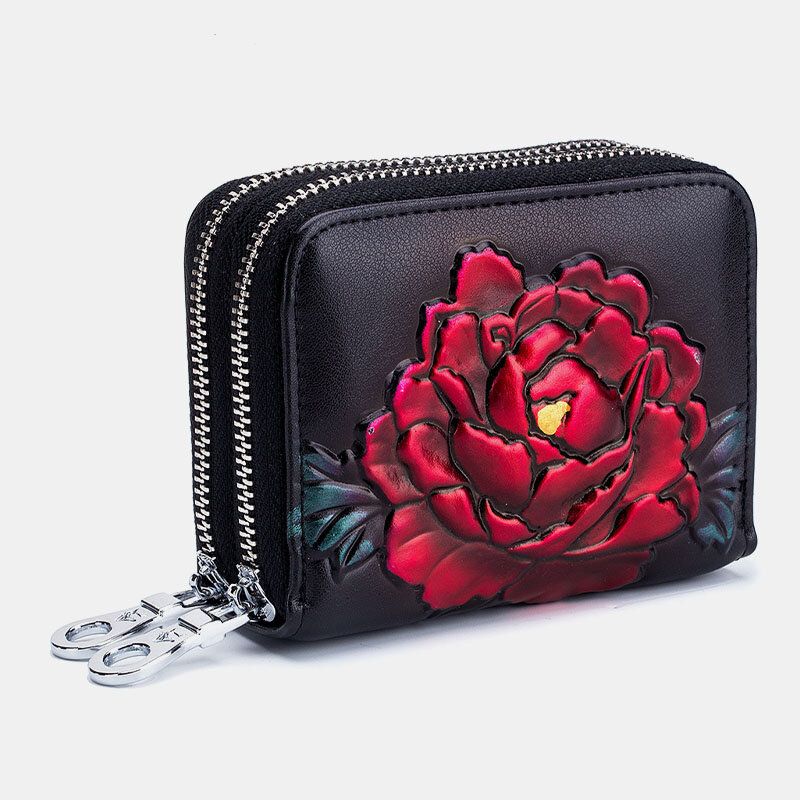 Mujeres Rose Antirrobo Rfid Antimagnético Cuero Genuino 12 Ranuras Para Tarjetas Cremallera Cartera Corta