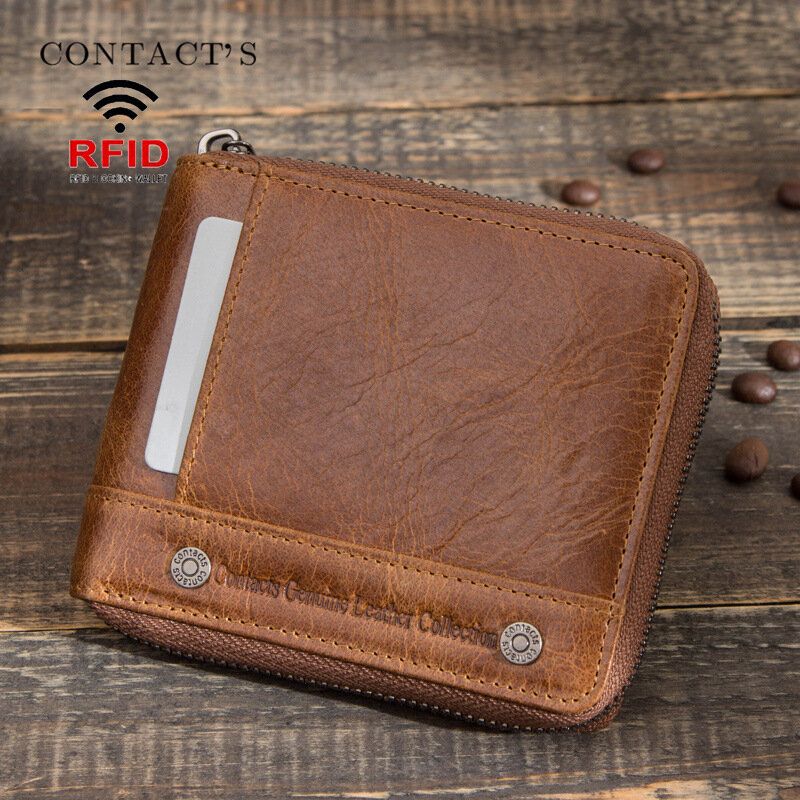 Remaches Antirrobo Rfid De Cuero Genuino Para Hombres Cremallera Decorada Cartera De Cuero Con Ranura Para Múltiples Tarjetas De Negocios Retro