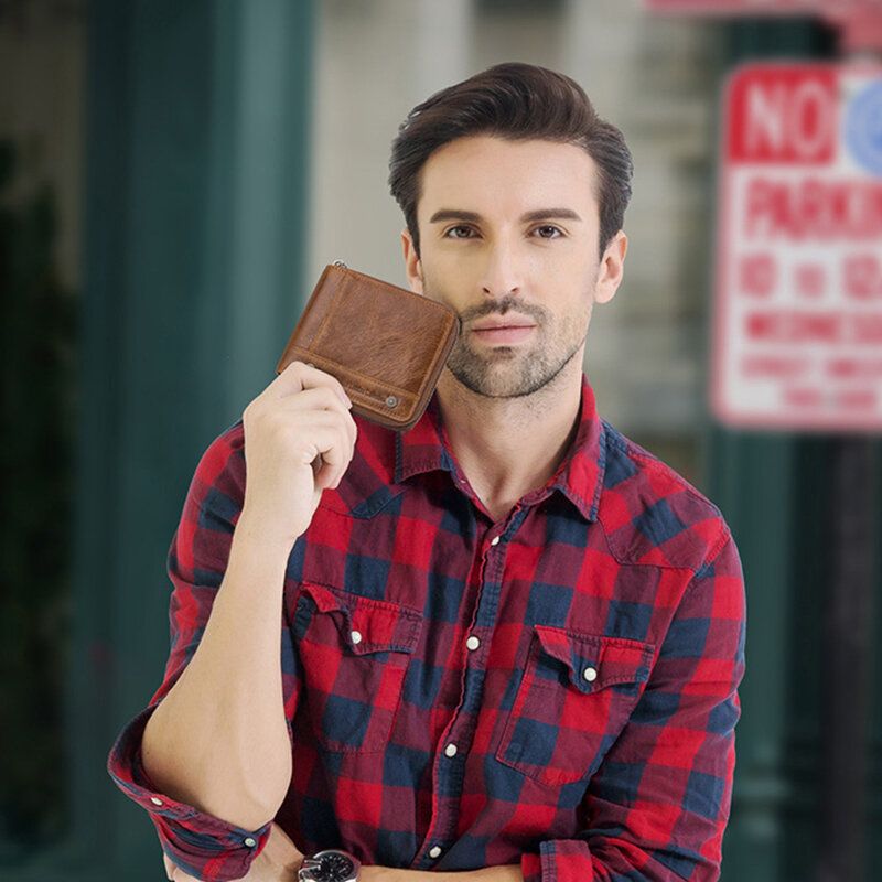 Remaches Antirrobo Rfid De Cuero Genuino Para Hombres Cremallera Decorada Cartera De Cuero Con Ranura Para Múltiples Tarjetas De Negocios Retro