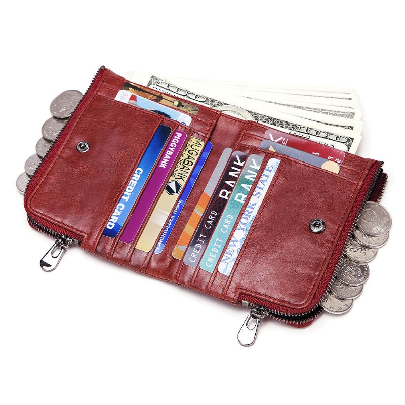 Rfid Mujer Cartera Corta Plegable De Cuero Genuino Con 12 Ranuras Para Tarjetas