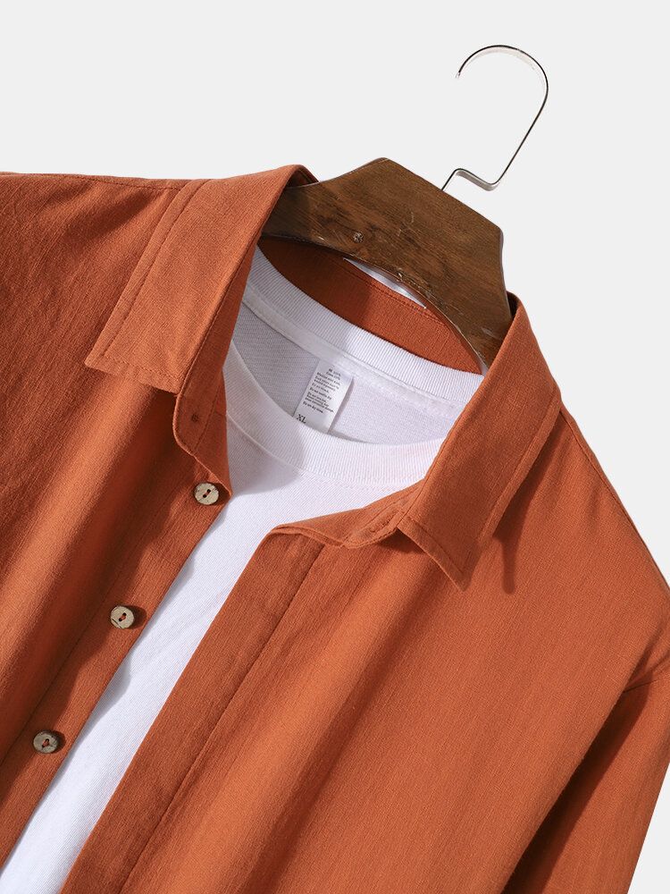 Camisa De Color Sólido 100% Algodón Para Hombre Pantalones Cortos De Bolsillo Con Cordón Conjuntos Casuales De Dos Piezas