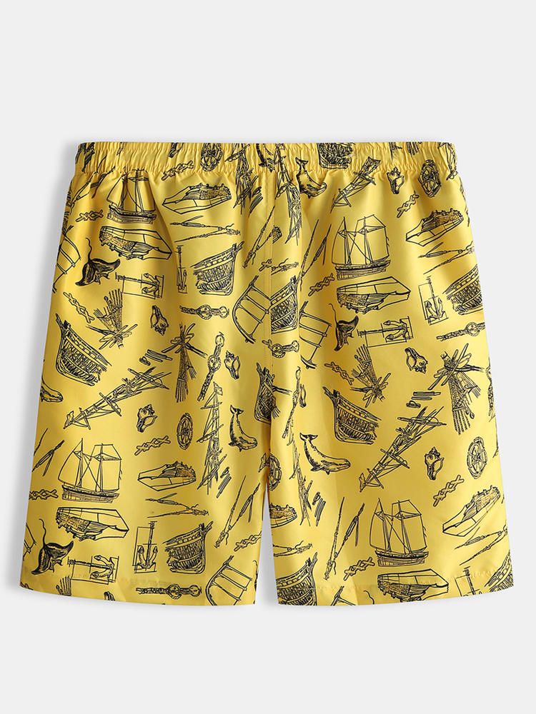 Hombre Beach Sea Boat Pattern Impresión Digital Cepillado Pantalones Cortos Sueltos