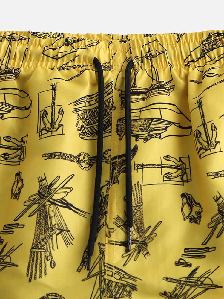 Hombre Beach Sea Boat Pattern Impresión Digital Cepillado Pantalones Cortos Sueltos