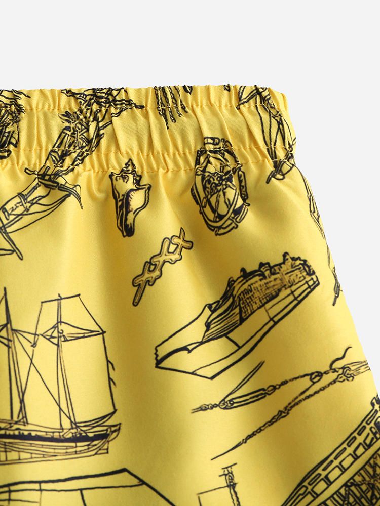 Hombre Beach Sea Boat Pattern Impresión Digital Cepillado Pantalones Cortos Sueltos