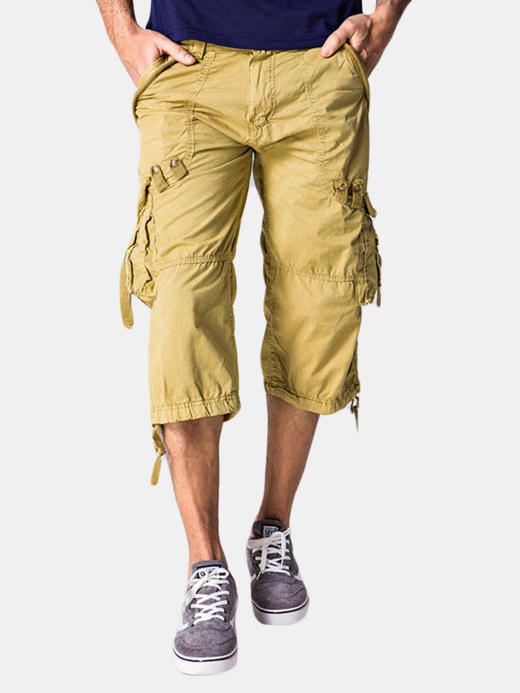 Pantalones Cargo Casuales Hasta La Rodilla De Color Sólido Con Múltiples Bolsillos 100% Algodón Para Hombre Al Aire Libre