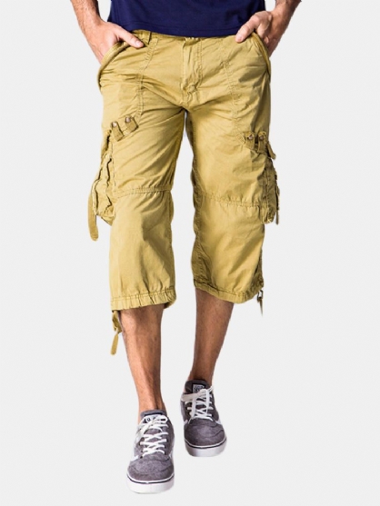 Pantalones Cargo Casuales Hasta La Rodilla De Color Sólido Con Múltiples Bolsillos 100% Algodón Para Hombre Al Aire Libre