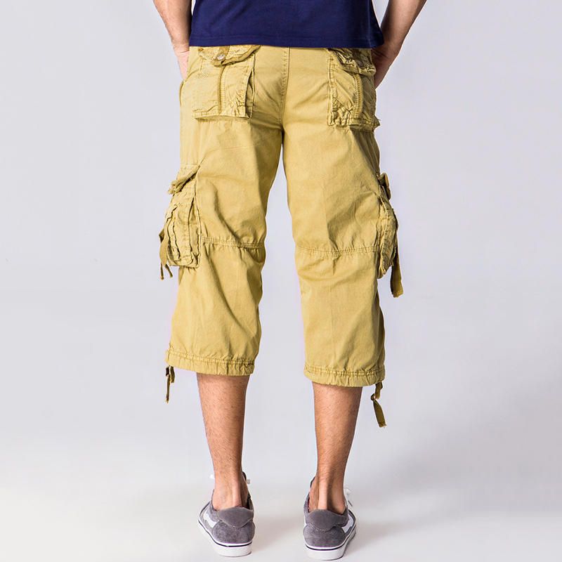 Pantalones Cargo Casuales Hasta La Rodilla De Color Sólido Con Múltiples Bolsillos 100% Algodón Para Hombre Al Aire Libre