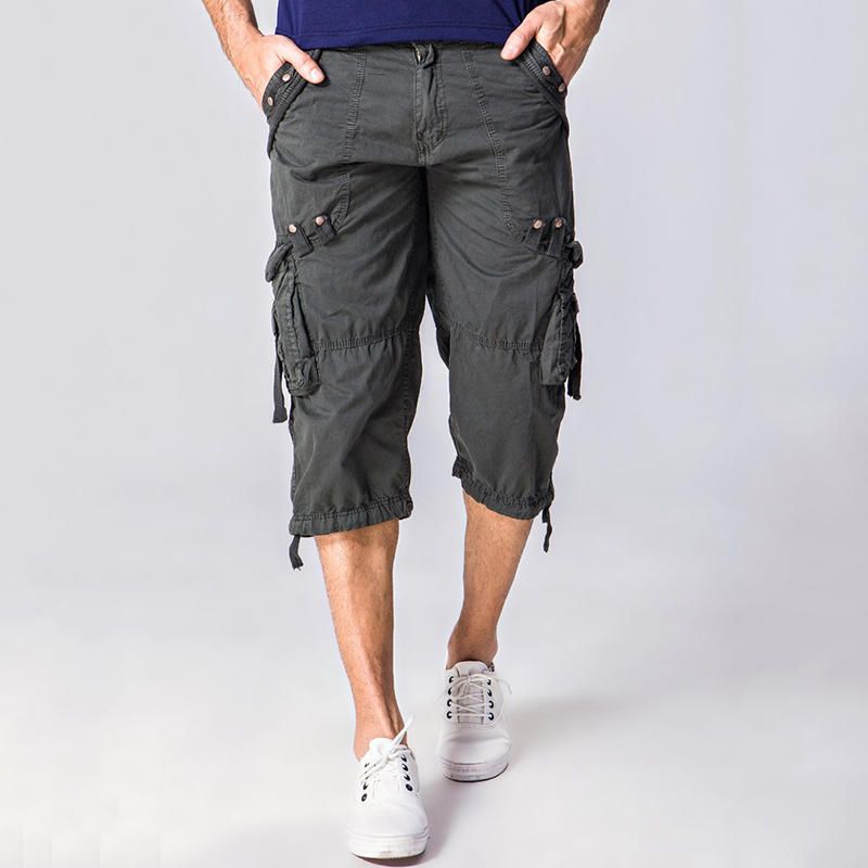 Pantalones Cargo Casuales Hasta La Rodilla De Color Sólido Con Múltiples Bolsillos 100% Algodón Para Hombre Al Aire Libre