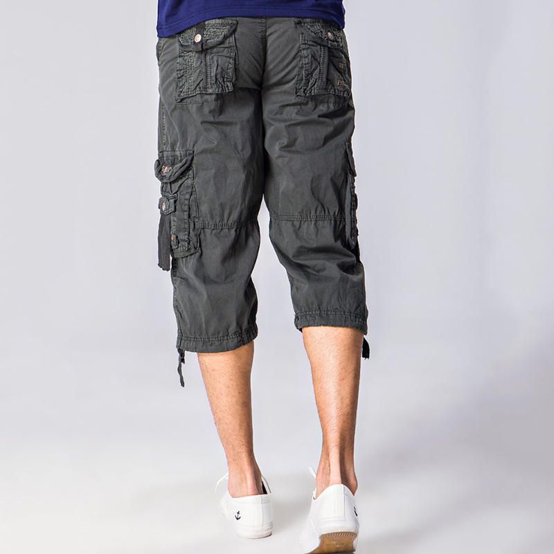 Pantalones Cargo Casuales Hasta La Rodilla De Color Sólido Con Múltiples Bolsillos 100% Algodón Para Hombre Al Aire Libre